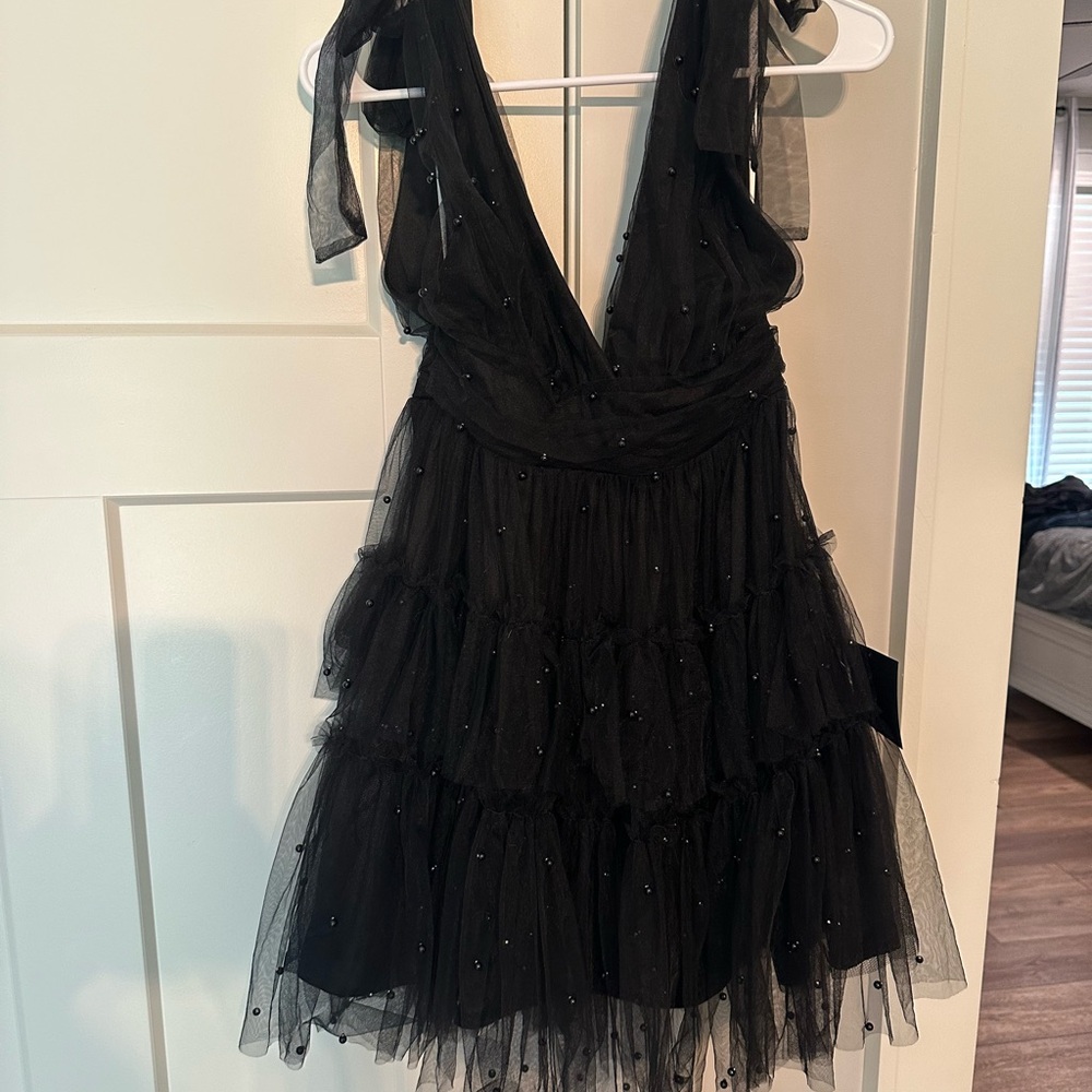 Lulu's Black Beaded Tulle Dress
